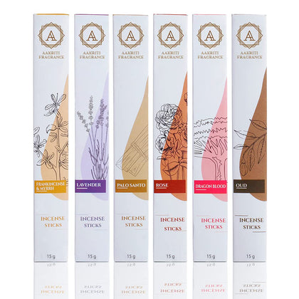 AAKRITI Incense Natural Masala Incense Sticks | [15 Grams] | Assorted Pack of six Lavender,Frankincense & Myrrh, Dragon Blood, Rose, Palo Santo with Oud