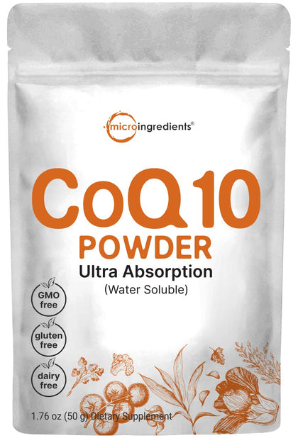 Micro Ingredients Water Soluble COQ10 Supplement (COQ10 200mg Per Serving in Powder Form), 50 Grams (8 Months Supply), Extra Absorption, Support Heart Health and Energy Production, Vegan Friendly