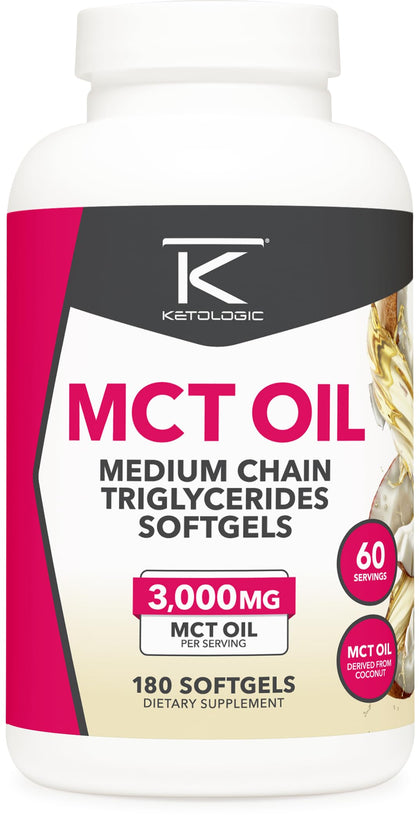 Ketologic MCT Oil (180 Softgels) (60 Servings) (3,000MG MTC Oil per Serving) - Medium Chain Triglycerides