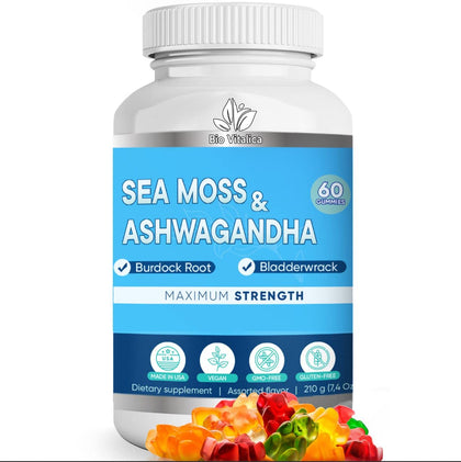 Sea Moss Ashwagandha Gummies - Organic Irish Seamoss & Ashwagandha Root Supplements for Supporting Energy & Immunity for Men & Women, 60 Vegan Gummies