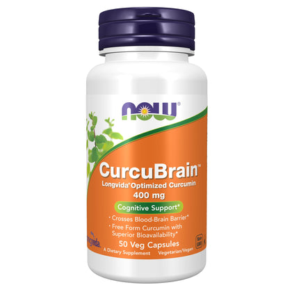 NOW Supplements, CurcuBrain 400 mg with Longvida® Optimized Curcumin, 50 Veg Capsules