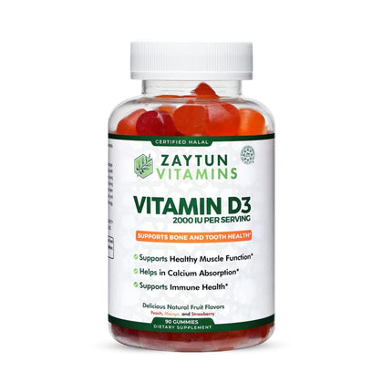 Zaytun Halal Vitamin D3 2000 IU Gummies, Supports Bone & Immune Health, Promotes Muscle Function, Gluten & Gelatin Free, 90 Natural Fruit Flavor Gummies, Made in USA - Halal Vitamins