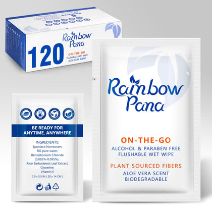 RainbowPana Flushable Wipes, 120 Count, ON-THE-GO Individually Wrapped - Butt Wipes for Women and Men, Travel Wipes for Family - Infused with VE and Aloe, pH Balanced, Paraben/Fragrance/Alcohol Free