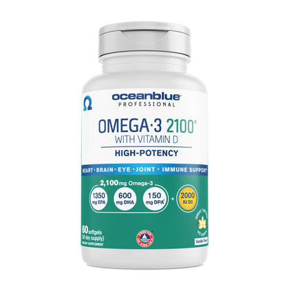 Oceanblue Professional Omega-3 2100 - 60 ct - Triple Strength Burpless Fish Oil Supplement with High-Potency EPA, DHA, DPA and Vitamin D3 - Wild-Caught - Vanilla Flavor (30 Servings)