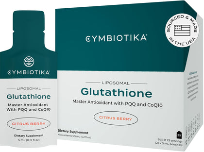 CYMBIOTIKA Glutathione with PQQ & CoQ10, Liposomal Delivery, Reduced Glutathione Supplement 150 mg, for Energy, Gut Health & Immune Support, Natural Antioxidant for Men & Women, Citrus Berry, 25 Pack