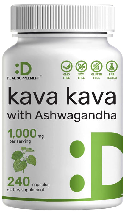 Kava Kava Supplement 750mg Per Serving, 240 Capsules, 4 Months Supply - Kava Kava Root Extract with Ashwagandha Root Powder - Non-GMO