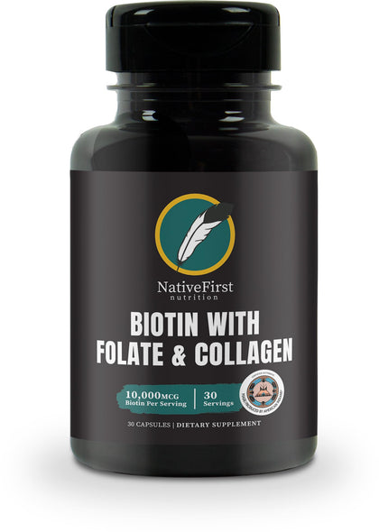 NativeFirst Biotin Capsules: Inspired by Native American Wisdom | (30 Capsules / 10,000 mcg Biotin Per Serving) - Gluten Free, Non-GMO Biotin (Vitamin B7) Supplement