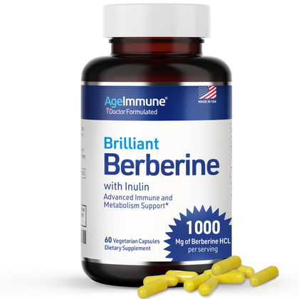 AgeImmune Berberine HCL 1000mg Supplement Complex with Inulin for Best Absorption. Each Capsule has 500mg of Berberine. Magnesium Stearate Free Herbal Supplements - 60 Capsules.