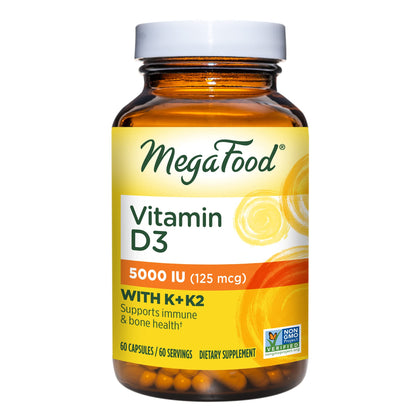 MegaFood Vitamin D3 5000 IU (125 mcg) - Vegetarian?Vitamin D Supplements with Vitamin D3 K2, Supports Bones, Teeth, Muscles & Immune Health, Certified Non-GMO - 60 Mini Capsules, 60 Servings