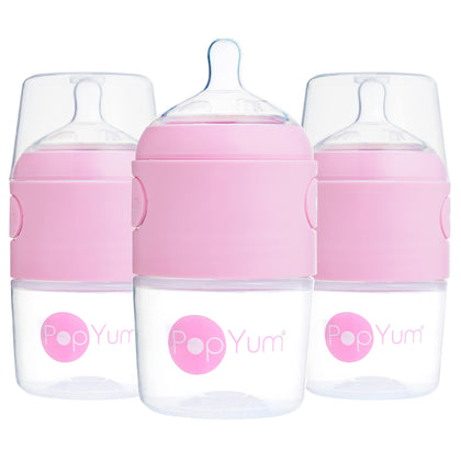 PopYum 5 oz Pink Anti-Colic Formula Making/Mixing/Dispenser Baby Bottles, 3-Pack (with #1 Nipples)