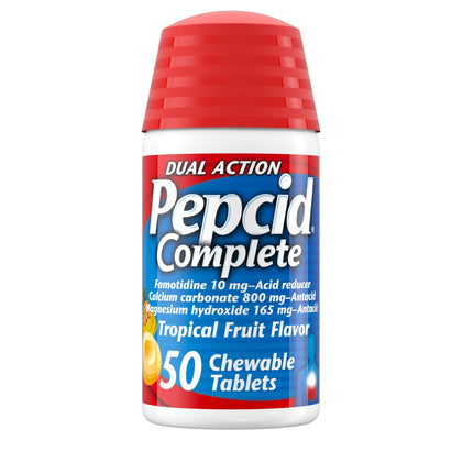 Pepcid Complete Acid Reducer + Antacid Chewables, 10 mg Famotidine, 800 mg Calcium Carbonate & 165 mg Magnesium Hydroxide per Tablet, Antacid Chews for Heartburn, Tropical Fruit, 50 Ct