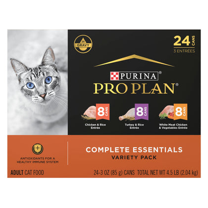 Purina Pro Plan Gravy, High Protein Wet Cat Food Variety Pack, Complete Essentials Chicken and Turkey Favorites - (Pack of 24) 3 oz. Cans