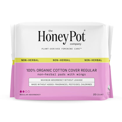 The Honey Pot Company - Pads for Women - Non-Herbal Regular Flow w/Wings - Organic Cotton Cover & Ultra-Absorbent Pulp Core - Sanitary Pads for Women - Feminine Care - FSA & HSA Eligible - 20 ct