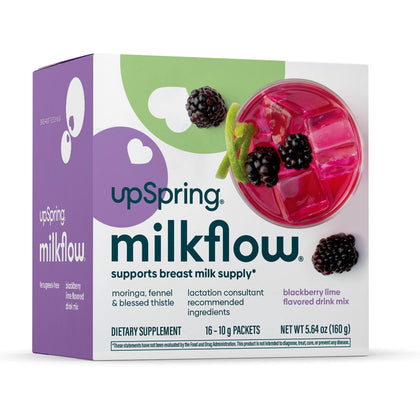 UpSpring Milkflow Fenugreek-Free BlackBerry Lime Drink Mix | Breastfeeding Supplement for Lactation Support | Moringa, Blessed Thistle, Fennel, Anise Promote Healthy Breastmilk Supply | 16 Ct