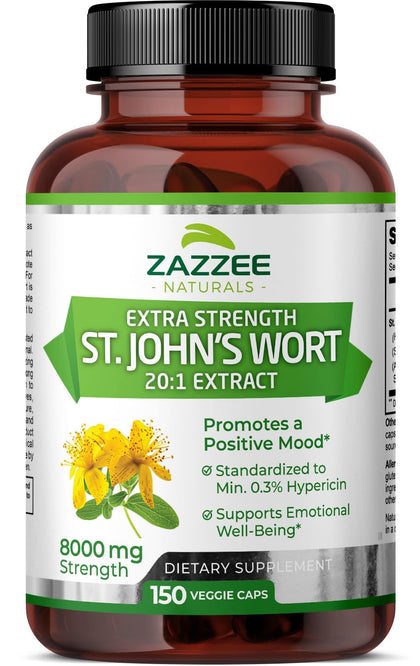 Zazzee Extra Strength St. Johns Wort 20:1 Extract, 8000 mg Strength, 0.3% Hypericin, 150 Vegan Capsules, 5 Month Supply, Concentrated, Standardized 20X Extract, 100% Vegetarian, Non-GMO, All-Natural