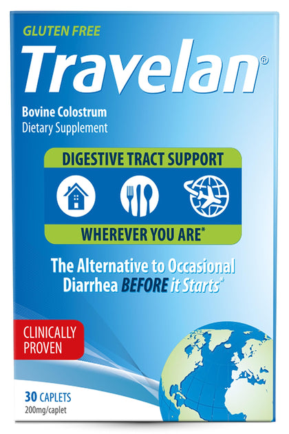 TRAVELAN Anti Diarrhea Travel Medicine for Gas Relief, Bloating, Cramping and Digestive Support, Natural Colostrum Dietary and Immune Support Supplement, Blister Pack for Travel, 30 Pills