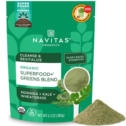 Navitas Organics Superfood+ Greens Blend for Detox Support (Moringa + Kale + Wheatgrass), 6.3oz Bag, 30 Servings - Organic, Non-GMO, Vegan, Gluten-Free, Keto & Paleo.