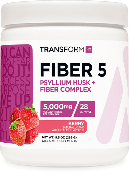 TransformHQ Fiber 5 Psyllium Husk and Fiber Complex Powder (Berry Flavor) (28 Servings) - 5,000mg Psyllium Husk per Serving - Digestive Health, Natural Fiber Supplement, Soluble Plant Fiber Blend