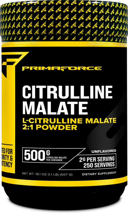 PrimaForce L-Citrulline Malate Powder, Unflavored Pre Workout Supplement, 500 grams - Energy Support, Aids Recovery, Enhances Strength Performance - Vegan, Non-GMO