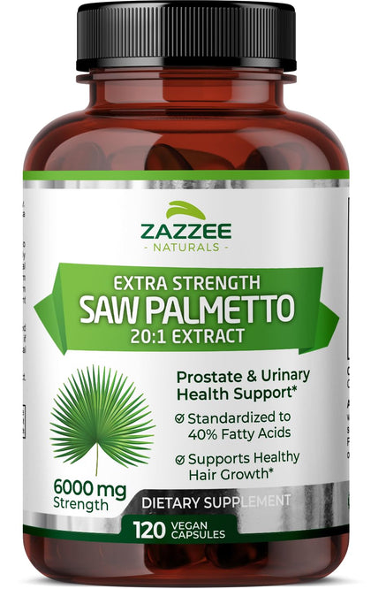 Zazzee Extra Strength Saw Palmetto 20:1 Extract, 6000 mg Strength, 40% Fatty Acids, 120 Vegan Capsules, 4 Month Supply, Concentrated and Standardized 20X Extract, Non-GMO, All-Natural, Made in the USA