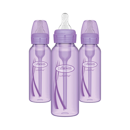 Dr. Browns Natural Flow® Anti-Colic Options+ Narrow Baby Bottles 8 oz/250 mL, with Level 1 Slow Flow Nipple, 3 Pack, Purple, 0m+