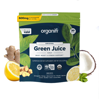 Organifi Green Juice - Powder Supplement with Organic Spirulina, Ashwagandha, and Chlorella - Helps Achieve Fitness Goals and Reduce Cortisol Levels, 30-Day Supply