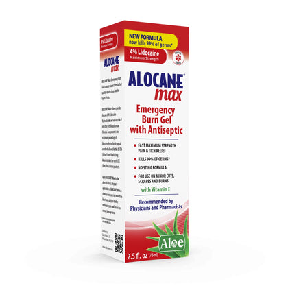 Alocane Emergency Burn Gel, 4% Lidocaine Maximum Strength Fast Pain and Itch Relief for Minor Burns, Sunburn, Kitchen, Radiation, Chemical, First Degree Burns, First Aid Treatment Burn Care 2.5 Fl Oz