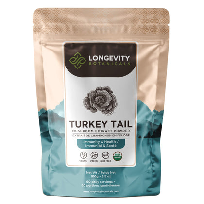 Longevity Botanicals Organic Turkey Tail Mushroom Powder - Turkey Tail Mushroom Supplement - Promotes a Balanced Immune and Digestive System - 100% Fruiting Body - 100 Grams