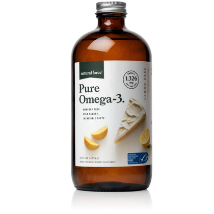 Natural Force Pure Omega 3 - Liquid Fish Oil - Delicious Lemon Cake Flavor - Mercury Free, Wild Caught, Lab Tested - 1,326 mg Triglyceride EPA, DHA, & DPA - 16 Oz Glass Bottle