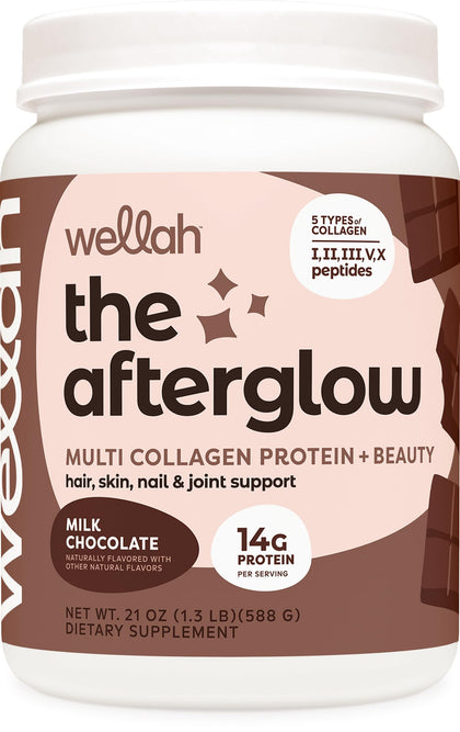 Wellah The Afterglow Multi Collagen Protein + Beauty (30 Servings, Chocolate) - Hair, Skin, Nail & Joint Support - Non-GMO & Gluten Free