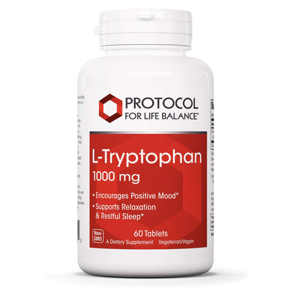 Protocol L-Tryptophan 1,000mg - Amino Acids for Brain, Sleep Support & Relaxation - Serotonin Support Supplement - Free of Peak E & Microbial Contamination - Made Without Gluten, Non-GMO - 60 Tabs