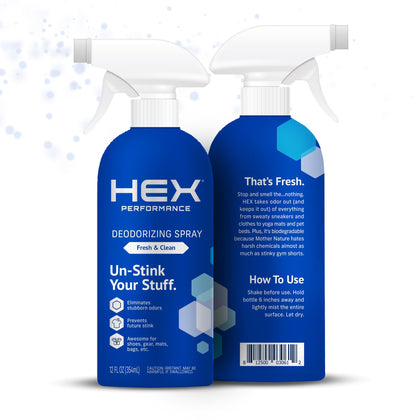 HEX Performance Deodorizing Spray, Fresh & Clean, 12oz (Pack of 2) - Awesome for Shoes, Gear & Workout Mats, Shoe Deodorizer Spray, Odor Eliminator Spray for Yoga Mats, Gym Equipment