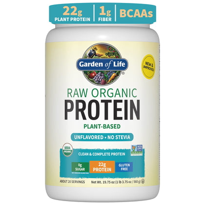 Organic Vegan Unflavored Protein Powder - Garden of Life - 22g Complete Plant Based Raw Protein & BCAAs Plus Probiotics & Digestive Enzymes for Easy Digestion, Non-GMO Gluten-Free Lactose Free 1.2 LB