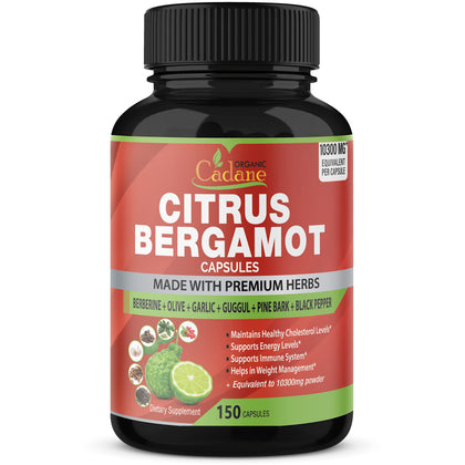 Citrus Bergamot Supplement Extract Capsules 10300mg, 150 Caps, 5 Months Supply with Berberine, Olive, Guggul, Garlic, Pine Bark, Black Pepper | Support Overall Health, Promotes Immune System