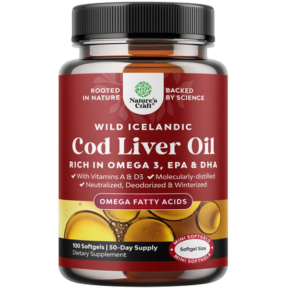 Icelandic Cod Liver Oil Softgels - Wild Caught EPA DHA Omega 3 Fish Oil 1000mg per serving - Sustainably Sourced Burpless Fish Oil Supplement with Vitamin D3 & A for Heart Joint Brain & Immune Support