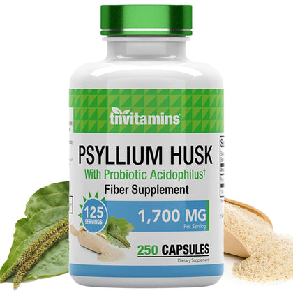 tnvitamins Psyllium Husk Capsules | 1700 MG - 250 Capsules | with Probiotic Acidophilus | Extra Strength Soluble & Dietary Fiber Supplement | Supports Digestive Health