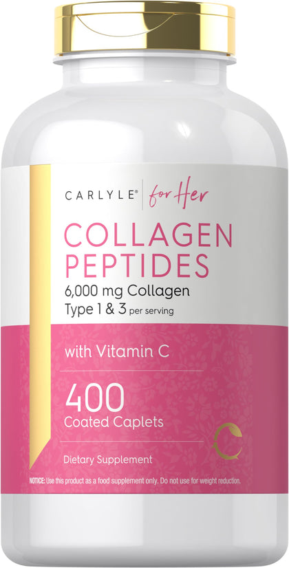 Carlyle Collagen Peptides 6000mg | 400 Caplets | with Vitamin C | Type 1 and 3 | Non-GMO, Gluten Free, Grass Fed Supplement