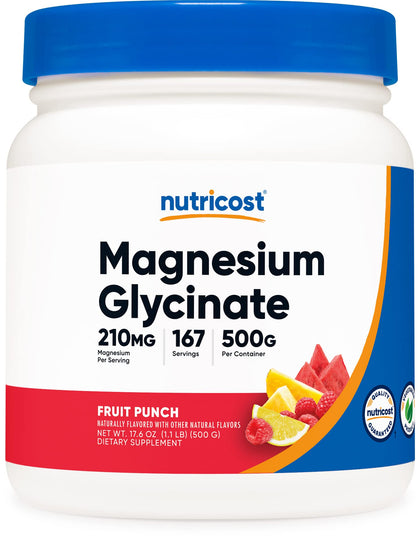 Nutricost Magnesium Glycinate Powder (Fruit Punch, 500 Grams) - Chelated Magnesium (30%) Glycinate