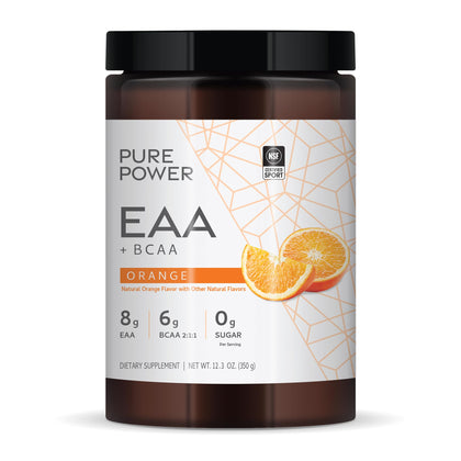 Dr. Mercola Pure Power Essential Amino Acids with BCAA, Orange Flavor, 12.3 oz (350 g), 30 Servings, 8 g of EAA, 6 g of BCAA, 0 g of Sugar, Non-GMO, NSF Certified for Sport