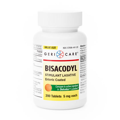 GeriCare Bisacodyl 5mg Stimulant Laxative Enteric Coated Tablets, Fast-Acting Constipation Relief, Promotes Regular Bowel Movements, 200 Count (Pack of 1)