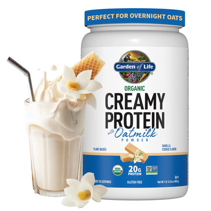 Garden of Life Creamy Vanilla Cookie Protein Powder + Oatmilk 20g Organic Vegan Plant Based Protein, Coconut Water, MCTs, Sprouted Grains, Prebiotics, Probiotics - Non-GMO, Gluten-Free, 1.90 LB