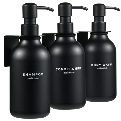 MaisoNovo Shampoo and Conditioner Dispenser with Wall Mounts | Set of 3 Black Plastic Bottles Black Pump