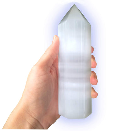 6-inch Moroccan Selenite Tower Large Crystal Point Wand Generator Obelisk for Energy Cleansing, Meditation, Reiki, Intuition, Spiritual Healing, Collection of Healing Crystals and Stones. (1)