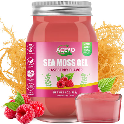 (18 OZ) Irish Sea Moss Gel Organic Raw Vegan Raspberry Flavor 102 Vitamins and Minerals Wild Harvested Non-GMO Immune Defense Booster Thyroid Digestive Support