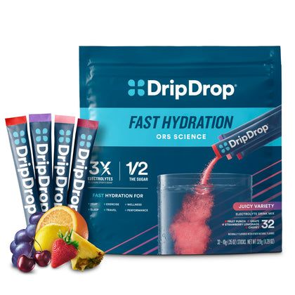 DripDrop Hydration Juicy Variety Pack Electrolyte Drink Mix Single-Serve Powder Packets- Grape, Fruit Punch, Strawberry Lemonade, Cherry - 32 Servings