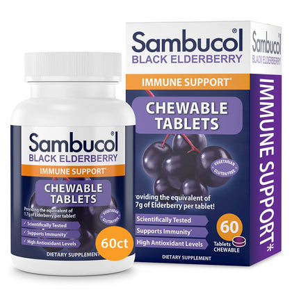 Sambucol Black Elderberry Chewable Tablets - Added Vitamin C, Chewable Elderberry Kids & Adults Tablets, Supports Immunity, Black Elderberry Tablets, Chewable Elderberry, Gluten Free, Vegan - 60 Count