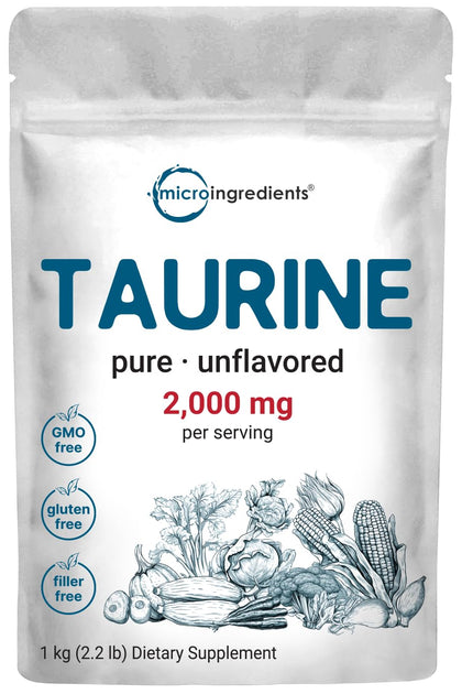 Micro Ingredients Taurine Powder Supplement | 1 KG, 2000mg Per Serving | Unflavored | 100% Pure, Easily Absorbed Free Form | Essential Amino Acids for Exercise, Energy, & Heart Support