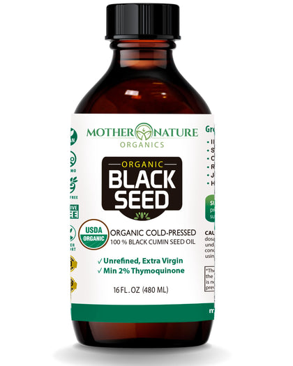 Mother Nature Orgnics Black Seed Oil, USDA Organic Certified, Cold Pressed, Unrefined, Vegan, Nigella Sativa, High TQ, Great for Joint Pain, Immune Support, Hair Growth (16oz)