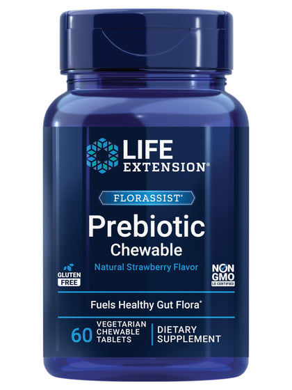 Life Extension FLORASSIST® Prebiotic Chewable (Strawberry), 1000 mg xylooligosaccharides, prebiotic Supplement Provides Fuel for Gut Flora, Gluten-Free, Non-GMO, Vegetarian, 60 chewable Tablets