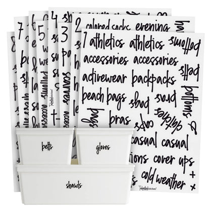 Talented Kitchen 224 Closet Labels for Bins and Baskets, Preprinted Black Script Stickers for Organization and Storage (Water Resistant)